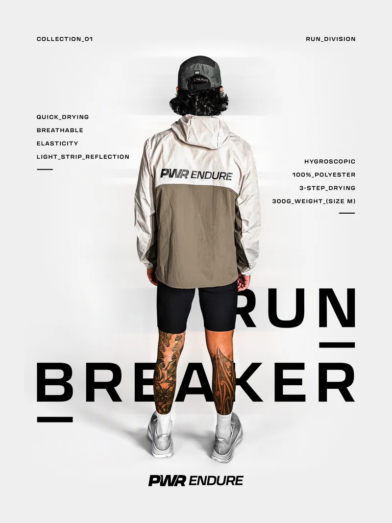 Run Breaker back campaign with the model, PWR Endure branding and product lettering
