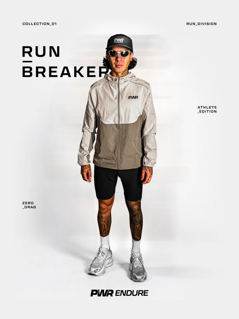 Run Breaker front campaign with the model, PWR Endure branding and product lettering